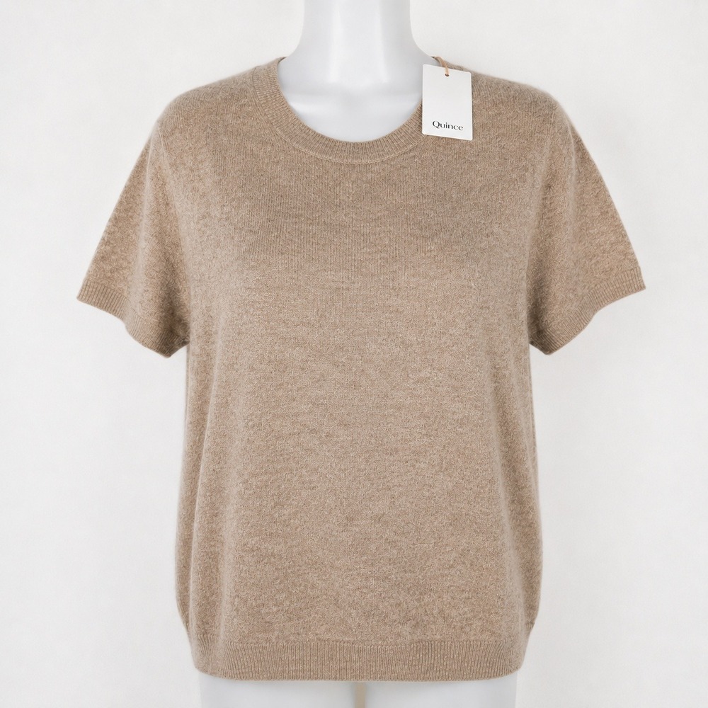 Quince Mongolian Cashmere Top NWT Women L Oatmeal Short Sleeve Knit Quiet Luxury